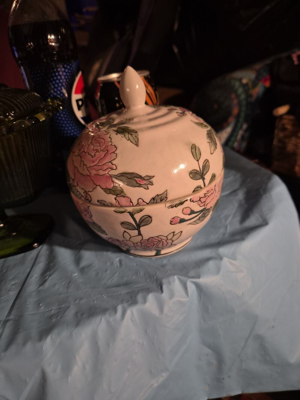 Vintage Macau Detailed Pink And Green Roses And Motiff With Lid Has A Scratch